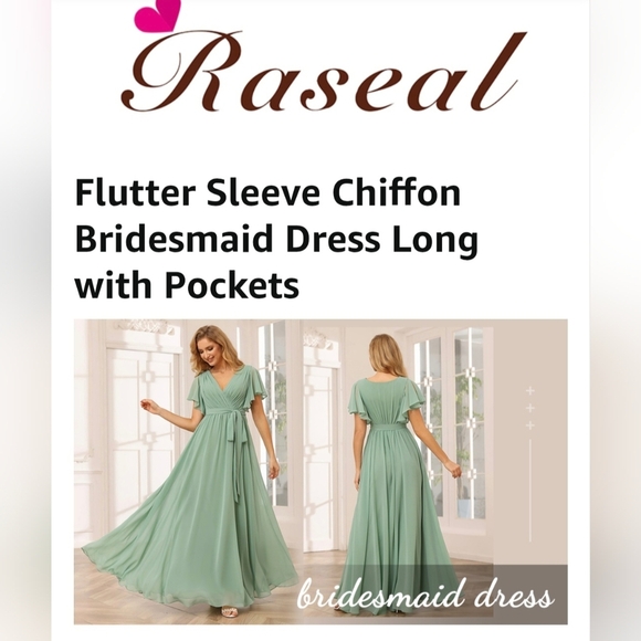 Raseal Flutter Sleeve Chiffon Bridesmaid Dress with Pockets In CORAL #1013 - Picture 7 of 7